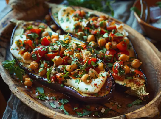 Stashcook | Baked Eggplant with Mozzarella and Herbed Chickpeas