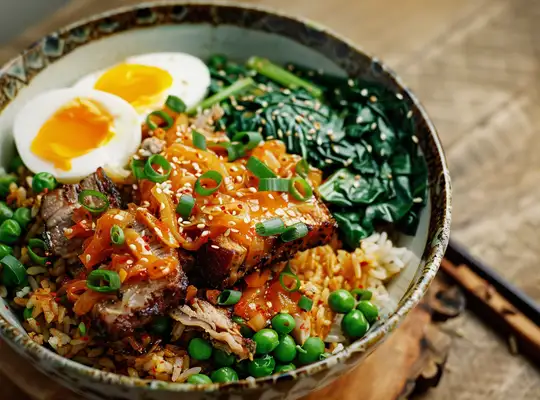 Stashcook | Pork Belly Kimchi Fried Rice with Spinach & Peas
