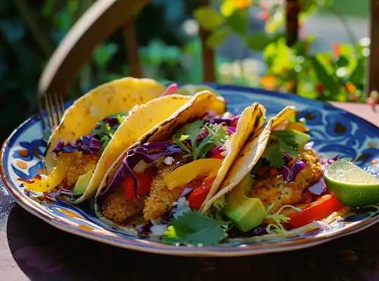 Stashcook | Breaded Tilapia Tacos with Spicy Slaw and Roasted Vegetables