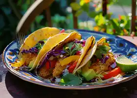 Breaded Tilapia Tacos with Spicy Slaw and Roasted Vegetables recipe