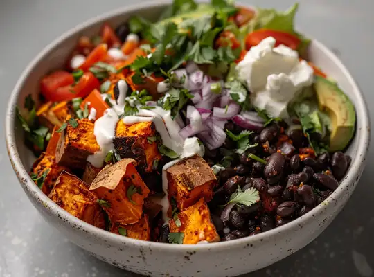 Stashcook | Roasted Sweet Potato and Black Bean Bowl with Lime Crema
