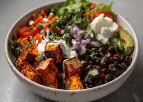 Roasted Sweet Potato and Black Bean Bowl with Lime Crema recipe