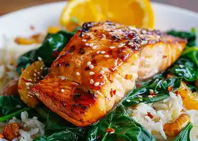 Maple-Glazed Salmon with Stir-Fried Spinach & Jasmine Rice recipe