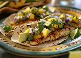 Grilled Tilapia Tacos with Pineapple-Cucumber Salsa & Avocado Crema recipe