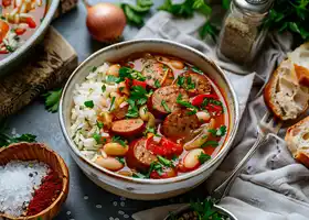 Spicy Andouille Sausage and White Bean Stew with Rice recipe