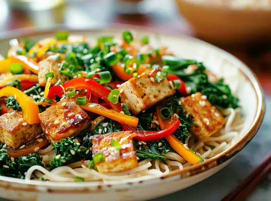 Stashcook | Tofu & Rice Noodle Stir Fry with Kale & Bell Peppers