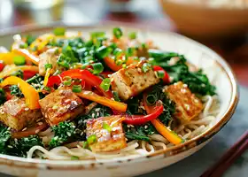 Tofu & Rice Noodle Stir Fry with Kale & Bell Peppers recipe