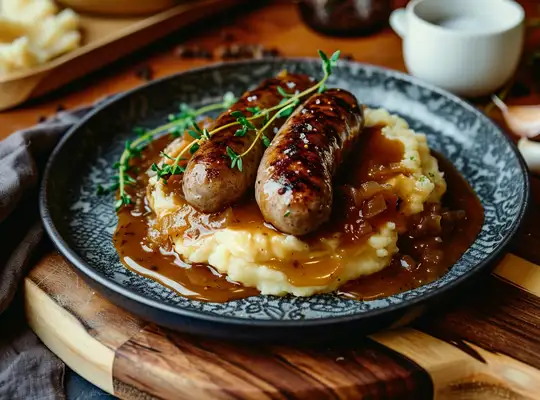 Stashcook | Vegan Sausage with Garlic Mashed Potatoes and Onion Gravy