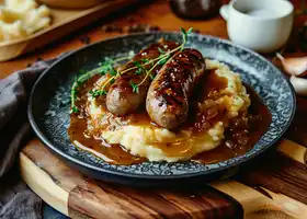 Vegan Sausage with Garlic Mashed Potatoes and Onion Gravy recipe