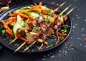 Beef Skewers with Asian Pear and Spicy Salad recipe