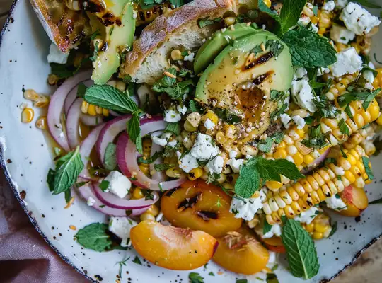 Stashcook | Grilled Corn, Nectarine, and Feta Salad with Herb Focaccia