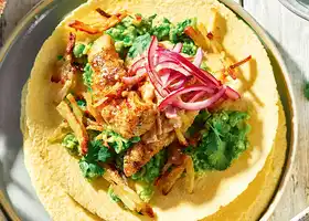 Fish and chip tacos with pea guacamole recipe