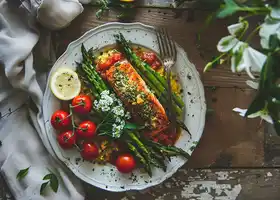 Herb-Crusted Salmon with Roasted Asparagus and Tomato Polenta recipe