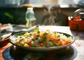 Tropical Chicken Fried Rice with Bell Pepper, Peas & Mint recipe