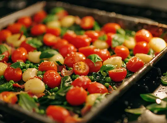 Stashcook | Sheet Pan Gnocchi with Spinach, Cherry Tomatoes & Pancetta