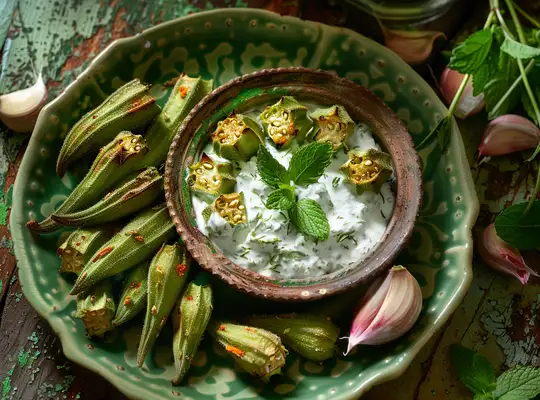 Stashcook | Baked Okra Bites with Mint Yogurt Dip