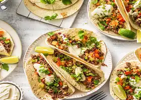 Pineapple Poblano Beef Tacos with Lime Crema, Cilantro, and Warm Spices recipe