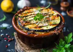 Baked Zucchini, Turkey & Mozzarella Moussaka with Mixed Greens recipe