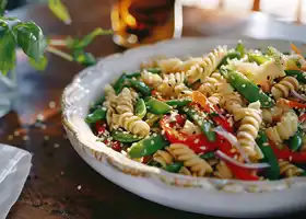 Chilled Pasta Salad with Snap Peas, Bell Pepper, and Sesame-Ginger Dressing recipe