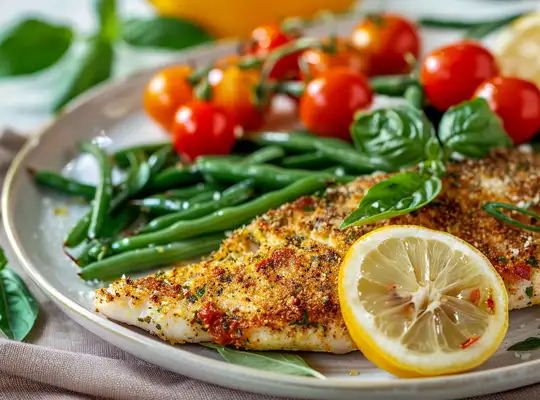Stashcook | Herb-Crusted Tilapia with Lemon-Garlic Green Beans & Cherry Tomatoes