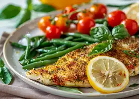 Herb-Crusted Tilapia with Lemon-Garlic Green Beans & Cherry Tomatoes recipe