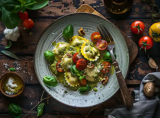 Stashcook | Cheesy Ravioli with Creamy Pesto and Roasted Vegetables
