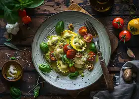 Cheesy Ravioli with Creamy Pesto and Roasted Vegetables recipe