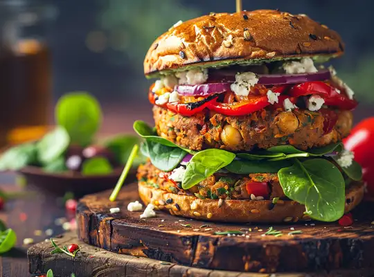 Stashcook | Mediterranean Chickpea Burger with Feta, Sun-Dried Tomato Pesto &amp; Spinach Salad
