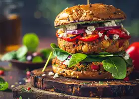 Mediterranean Chickpea Burger with Feta, Sun-Dried Tomato Pesto & Spinach Salad recipe