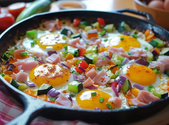 Stashcook | Spicy Ham and Vegetable Skillet with Baked Eggs