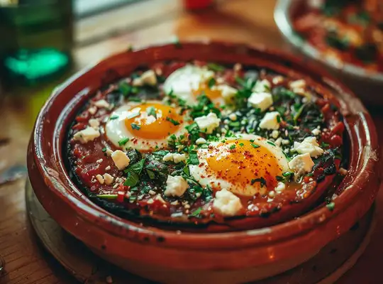 Stashcook | Baked Eggs in Spicy Tomato Sauce with Feta and Spinach