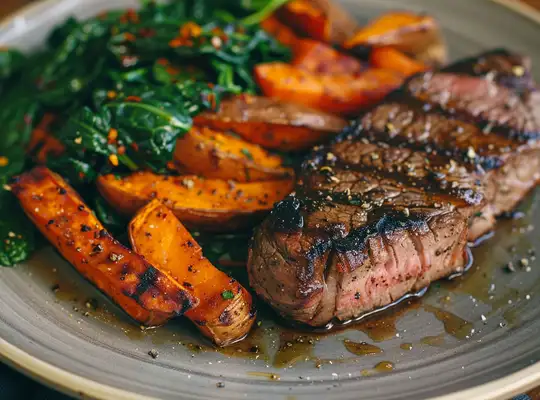 Stashcook | Seared Sirloin with Spiced Sweet Potato Wedges & Sautéed Spinach