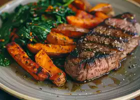 Seared Sirloin with Spiced Sweet Potato Wedges & Sautéed Spinach recipe