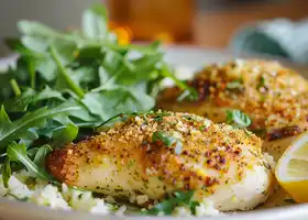 Herb-Crusted Chicken with Lemon-Garlic Cauliflower Rice and Arugula Salad recipe