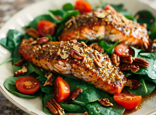 Stashcook | Pecan-Crusted Salmon with Spinach & Cherry Tomato Salad