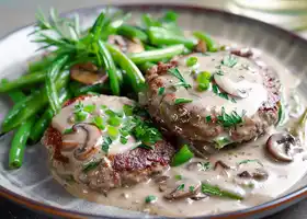 Beef Patties with Creamy Mushroom Sauce and Green Beans recipe