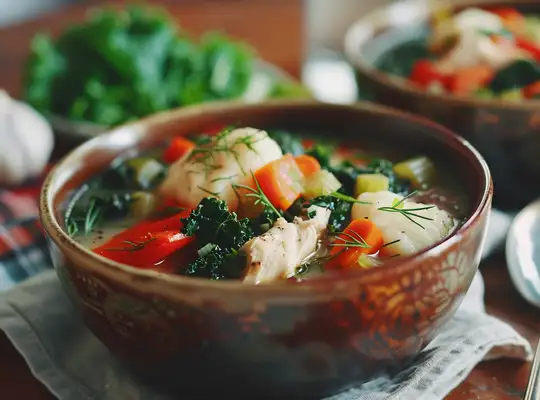Stashcook | Chicken and Dumplings Soup with Red Bell Pepper and Kale