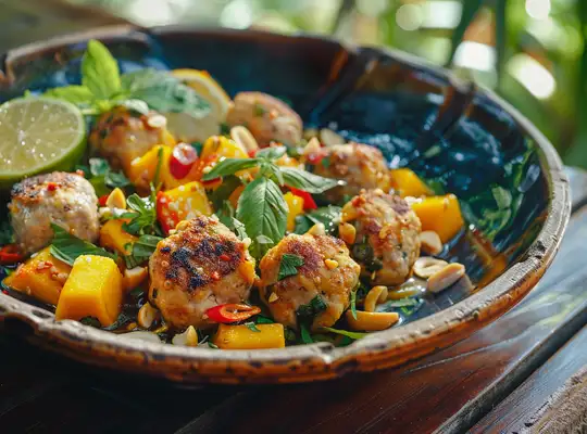 Stashcook | Thai-Style Chicken Meatballs with Spicy Mango Salad