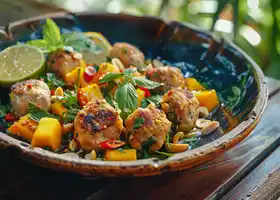 Thai-Style Chicken Meatballs with Spicy Mango Salad recipe