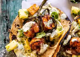 Quick Poblano Pineapple Shrimp Tacos with Cilantro Jalapeño Ranch recipe