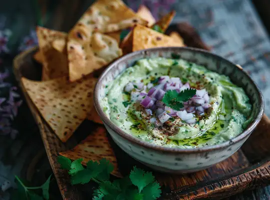 Stashcook | Spicy Avocado-Cilantro Dip with Pita Chips
