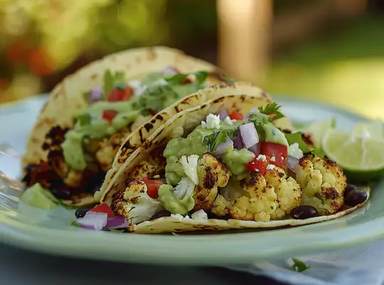 Stashcook | Spicy Roasted Cauliflower and Black Bean Tacos with Avocado-Lime Sauce