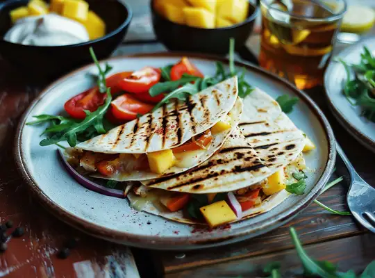 Stashcook | Chicken, Mango & Red Pepper Quesadilla with Arugula Salad