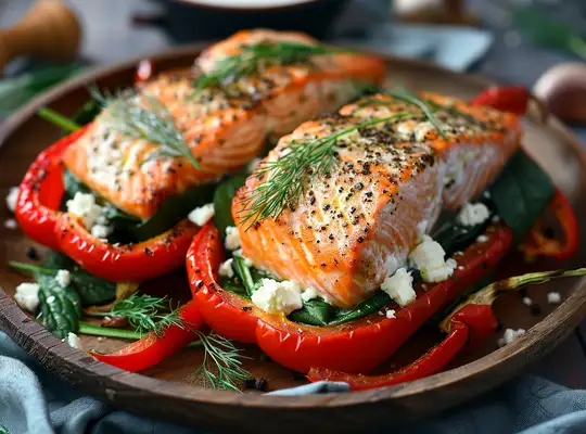 Stashcook | Mediterranean Salmon with Spinach & Feta Stuffed Peppers