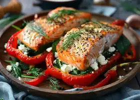 Mediterranean Salmon with Spinach & Feta Stuffed Peppers recipe