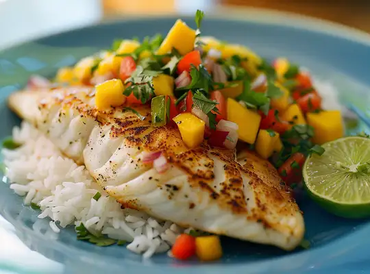 Stashcook | Pan-Seared Tilapia with Coconut Rice and Mango Salsa