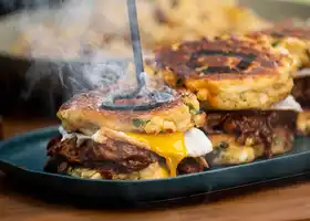 BBQ Duck, Egg, and Corn Scallion Pancakes recipe