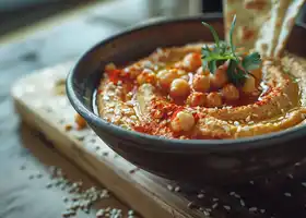 Roasted Red Pepper Hummus with Garlic Crisps recipe