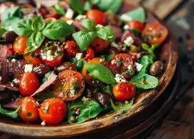 Beef Salad with Cherry Tomatoes, Pancetta, and Feta Cheese Vinaigrette recipe