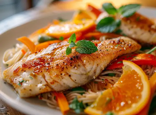 Stashcook | Pan-Seared Tilapia with Citrus Veggie Noodle Salad
